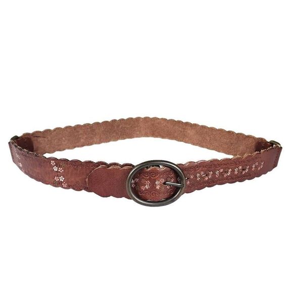 Amanda Smith- Women’s Brown Tooled Floral Leather Belt, Size M - Picture 1 of 11